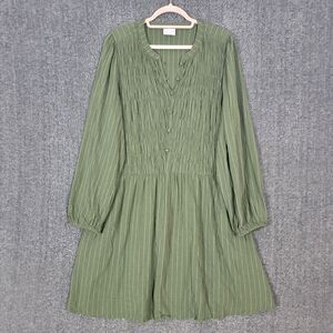 Ava & Viv Dress Womens XL Olive Green Striped Long Sleeve Smocked Flowy Boho